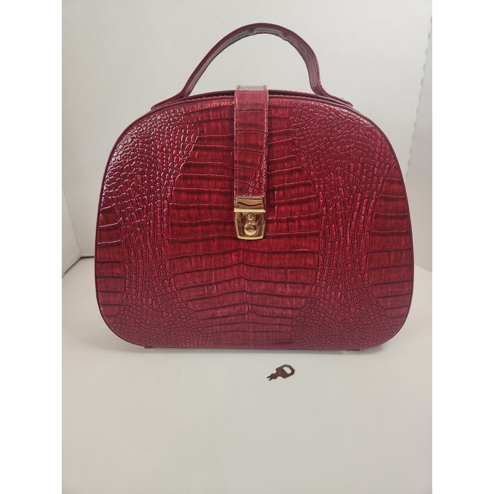 Vtg 90s Red Faux Crocodile Train Case Dome Vanity Cosmetics Travel Box W/Key